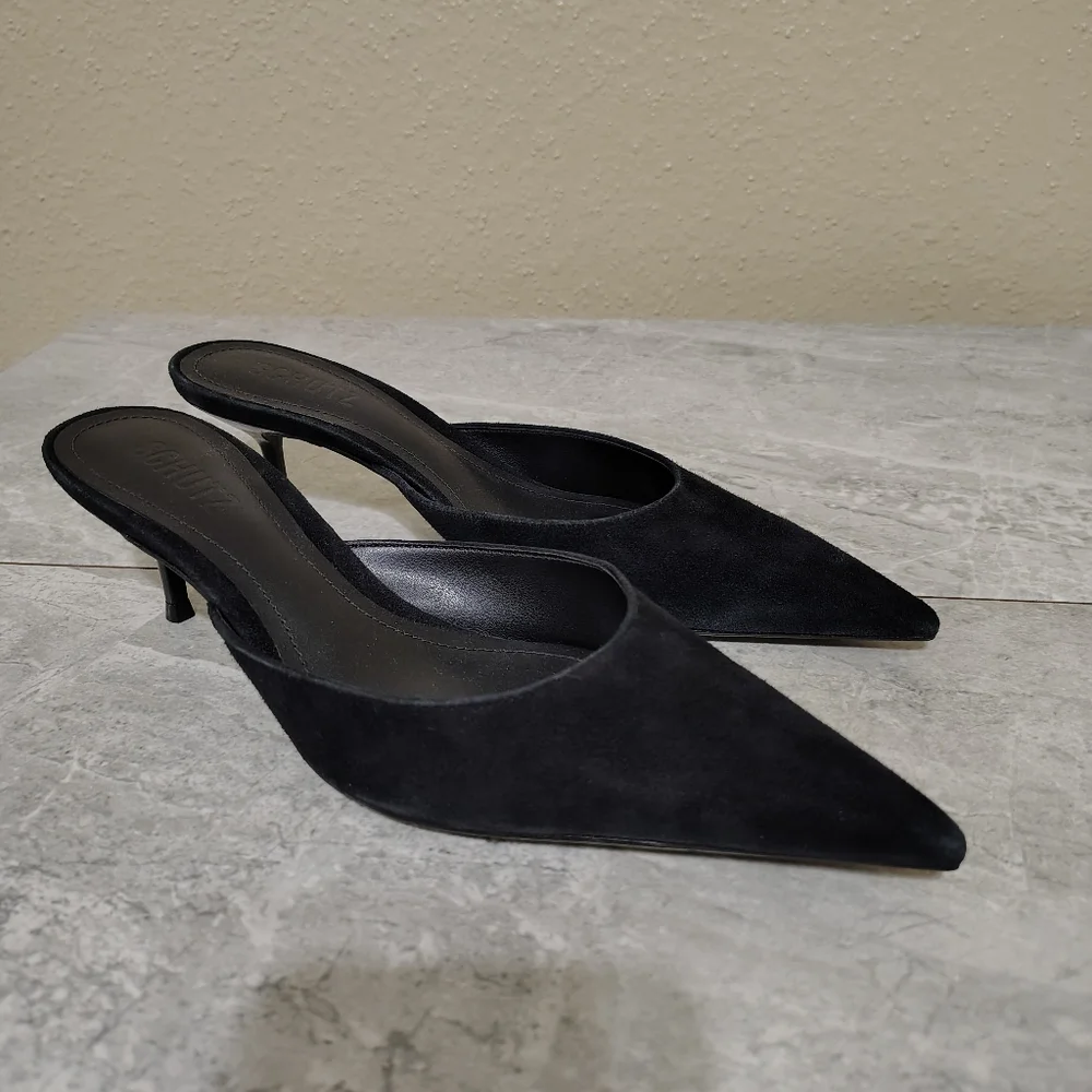 Schutz Julie Black Suede Pointed Toe Mule Heels Size 7 - Picture 2 of 10